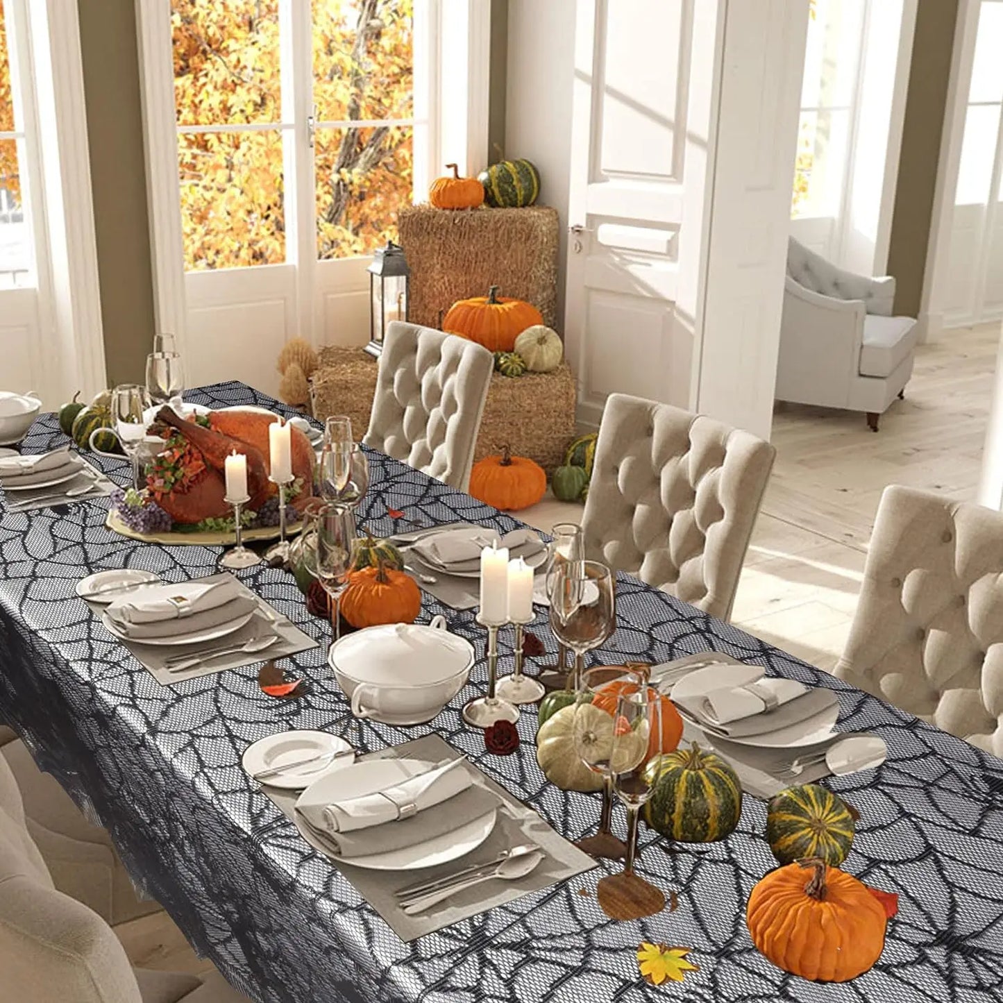 nappe de table en dentelle noire toile d'araignée pour soirée halloween