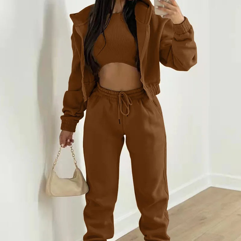 Ensemble 3 Pieces Femme - Sweat Capuche Zippee Debardeur Pantalon Jogging