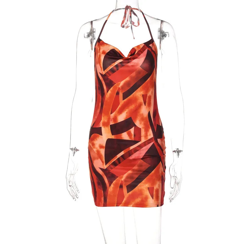Robe moulante à bretelles nouées, orange à motifs abstraits