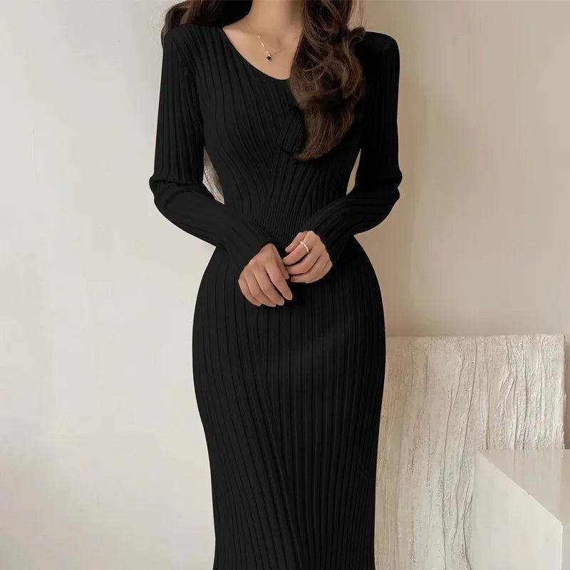 Robe style rétro à manches longues col en V pour femmes automne/hiver