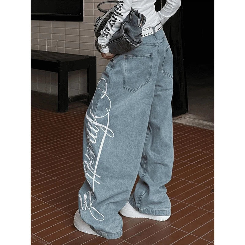 Jean Baggy Y2K Femme – Coupe Boyfriend Oversize, Imprimé Lettres Harajuku