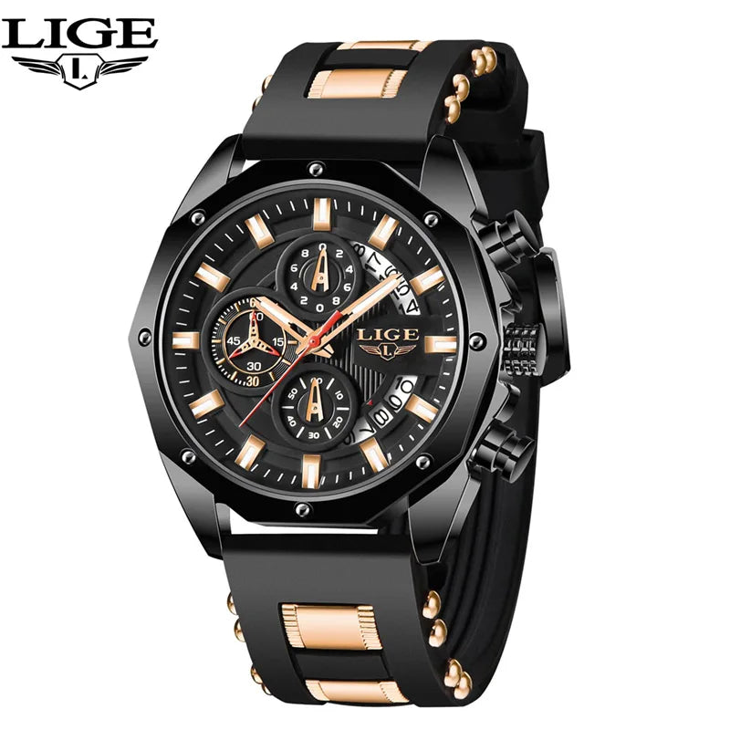 Montre Sport Homme LIGE Silicone - Chronographe Quartz Étanche Luxe Noir Or Rose