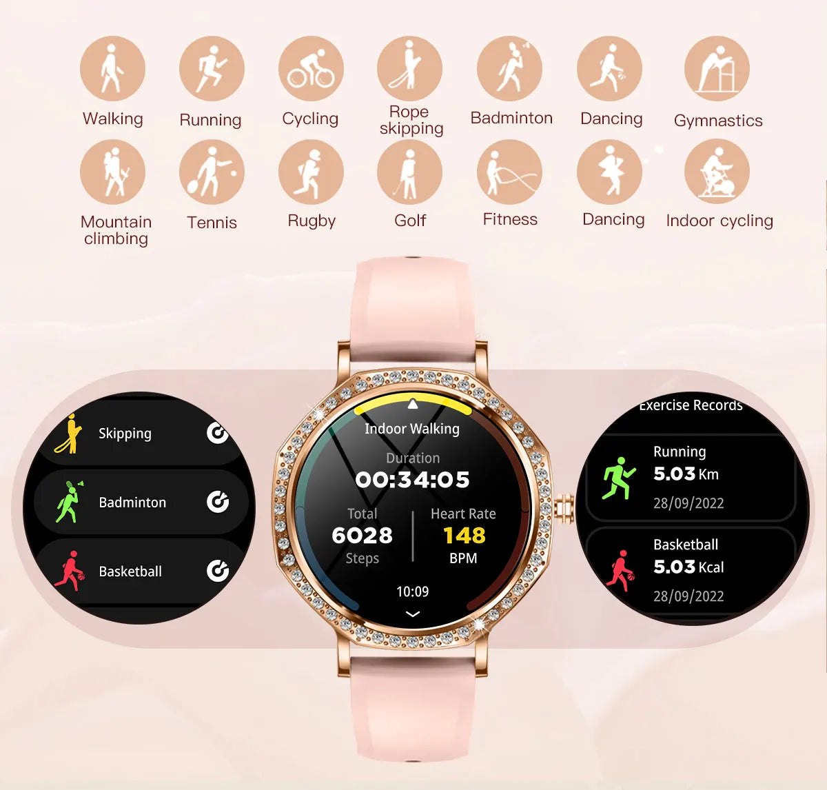Montre Connectée Luxe Femme Diamant ChatGPT - 8mm Ultra Fine Bluetooth IP68 Or Rose - MONASTORESHOP.COM