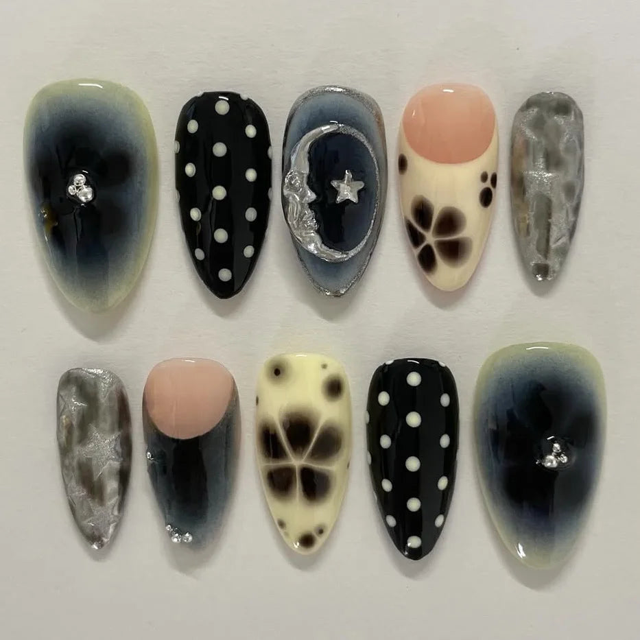Faux ongles noirs dégradés, 24 pièces, motif étoile jaune, lune, cygne