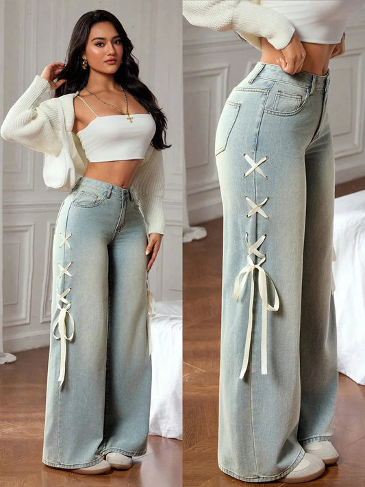 Jean Femme Jambes Larges - Taille Haute Nœud Ruban - Denim Ample Décontracté Style Américain