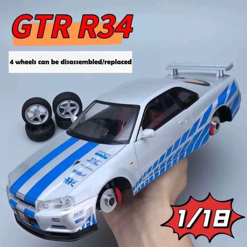 Modèle de voiture Nissan GT-R R34 Skyline en alliage roue démontable au 1/18