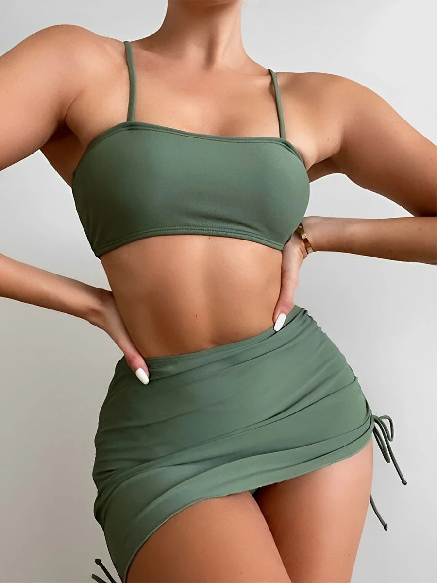Bikini Rembourré 3 Pièces avec Jupe à Cordon - Maillot de Bain Uni Élégant