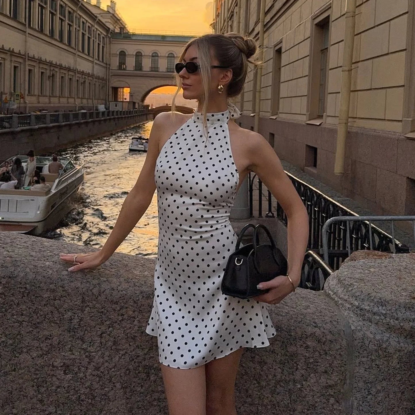 Mini Robe Pois Col Licou Dos Nu - Sans Manches, Taille Haute, Style Y2K
