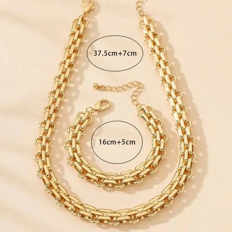 Ensemble Bijoux Femme Chaîne Punk Plaqué Or - Collier Bracelet Gros Maillons Style Dubai