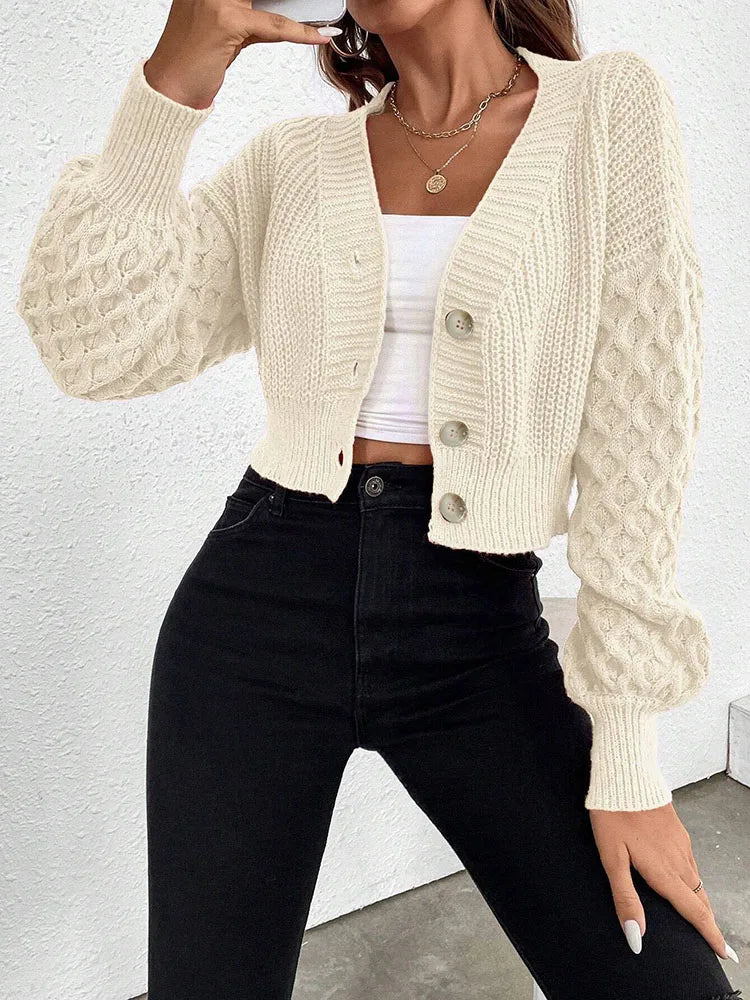 Cardigan Court Torsadé Femme – Col en V, Manches Ballon, Tricot Acrylique
