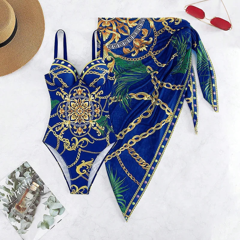 Maillot de bain une pièce push-up bleu à armatures et imprimé or, décolleté en V