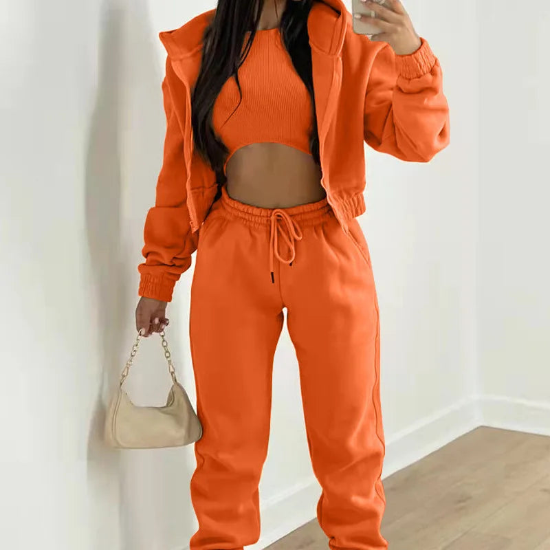 Ensemble 3 Pieces Femme - Sweat Capuche Zippee Debardeur Pantalon Jogging
