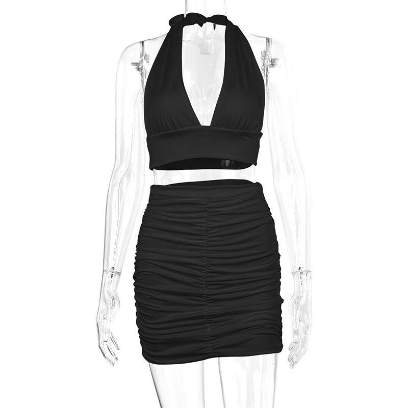 Ensemble 2 Pièces Femme - Top Halter Lacets et Jupe Plissee