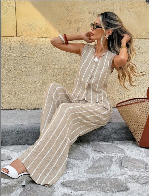 Ensemble 2 pièces femme : top sans manches + pantalon large à rayures beige clair et blanc
