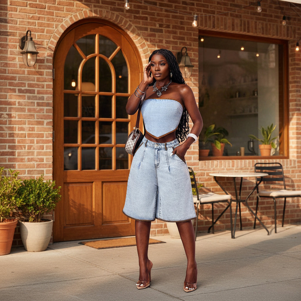Jean capri évasé femme en denim bleu clair, taille haute et jambes larges