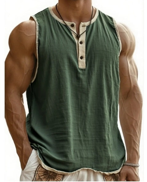 Débardeur homme coton vert sans manches, encolure boutonnée, col contrasté beige