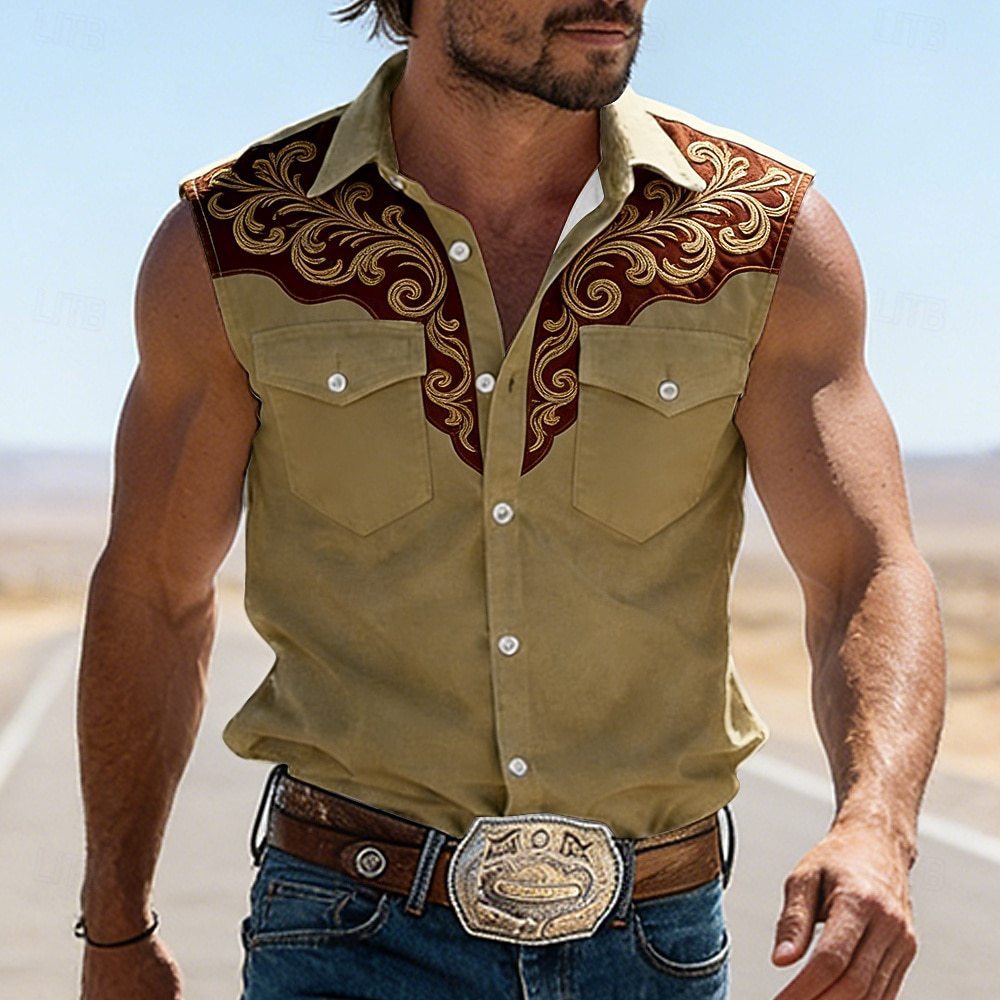 Chemise sans manches homme kaki, col chemisier, empiècement imprimé style western brun.