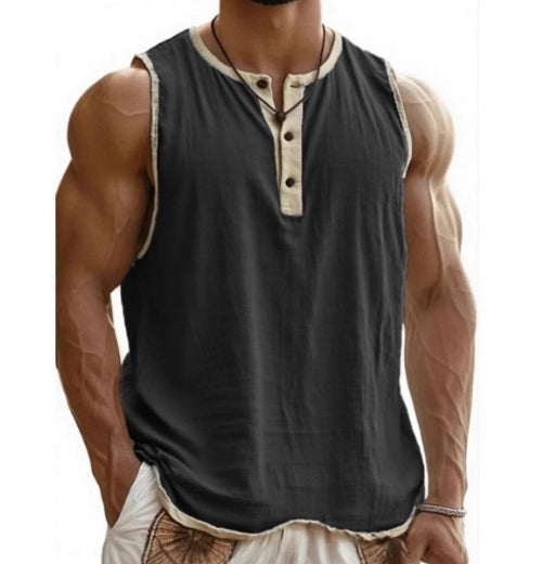 Débardeur homme coton noir sans manches, encolure boutonnée, col contrasté beige
