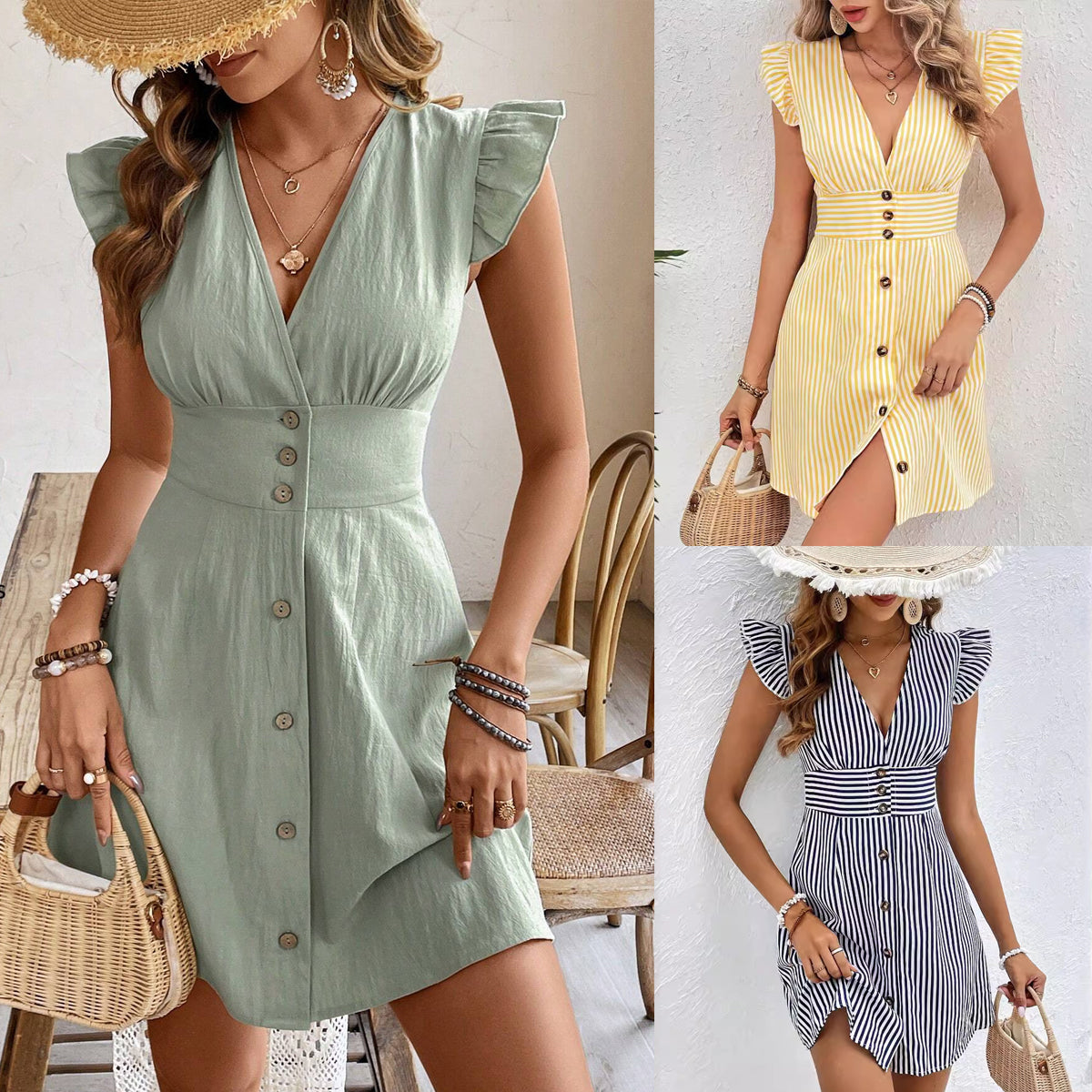 Robe chemise à boutons vert clair et rayée bleu, manches volantées