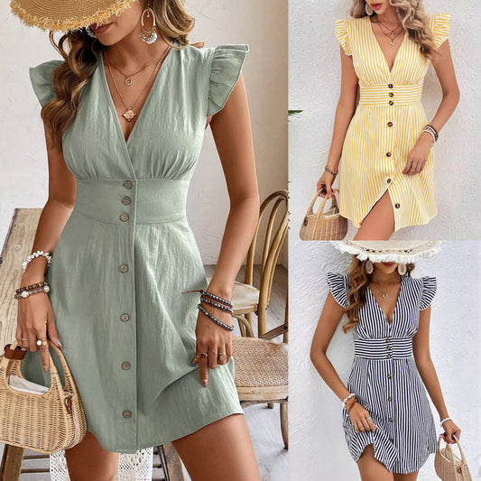 Robe chemise à boutons vert clair et rayée bleu, manches volantées