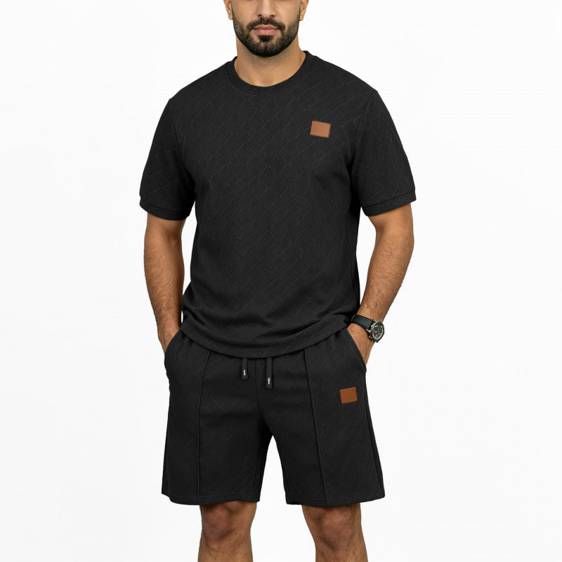 Ensemble t-shirt jacquard et short homme noir, manches courtes et cordon