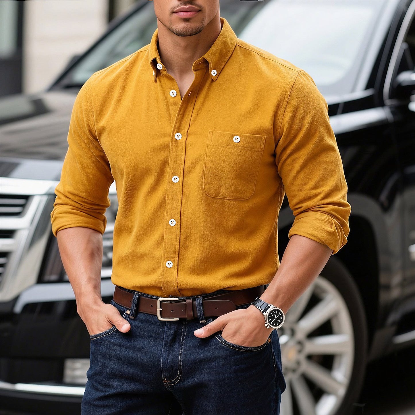 Chemise homme en velours côtelé jaune moutarde, manches longues, boutonnage et poche poitrine.