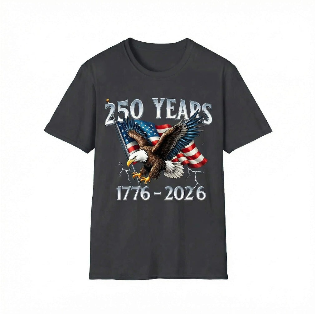 T-shirt noir homme avec aigle et texte « 250 YEARS 1776-2026 » devant