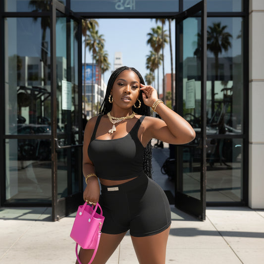 Ensemble 2 Pieces Femme Debardeur Cote et Short Moulant