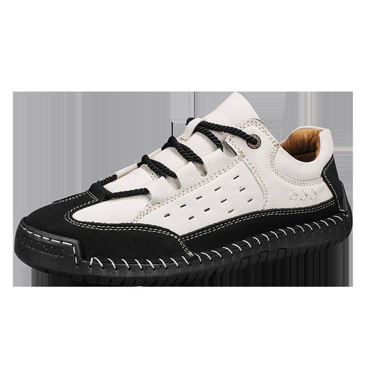 Baskets cuir synthétique blanc et noir, bout rond à lacets, semelle épaisse