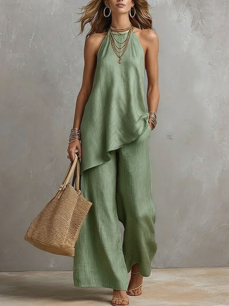 Ensemble femme : gilet sans manches et pantalon long ample, vert sauge