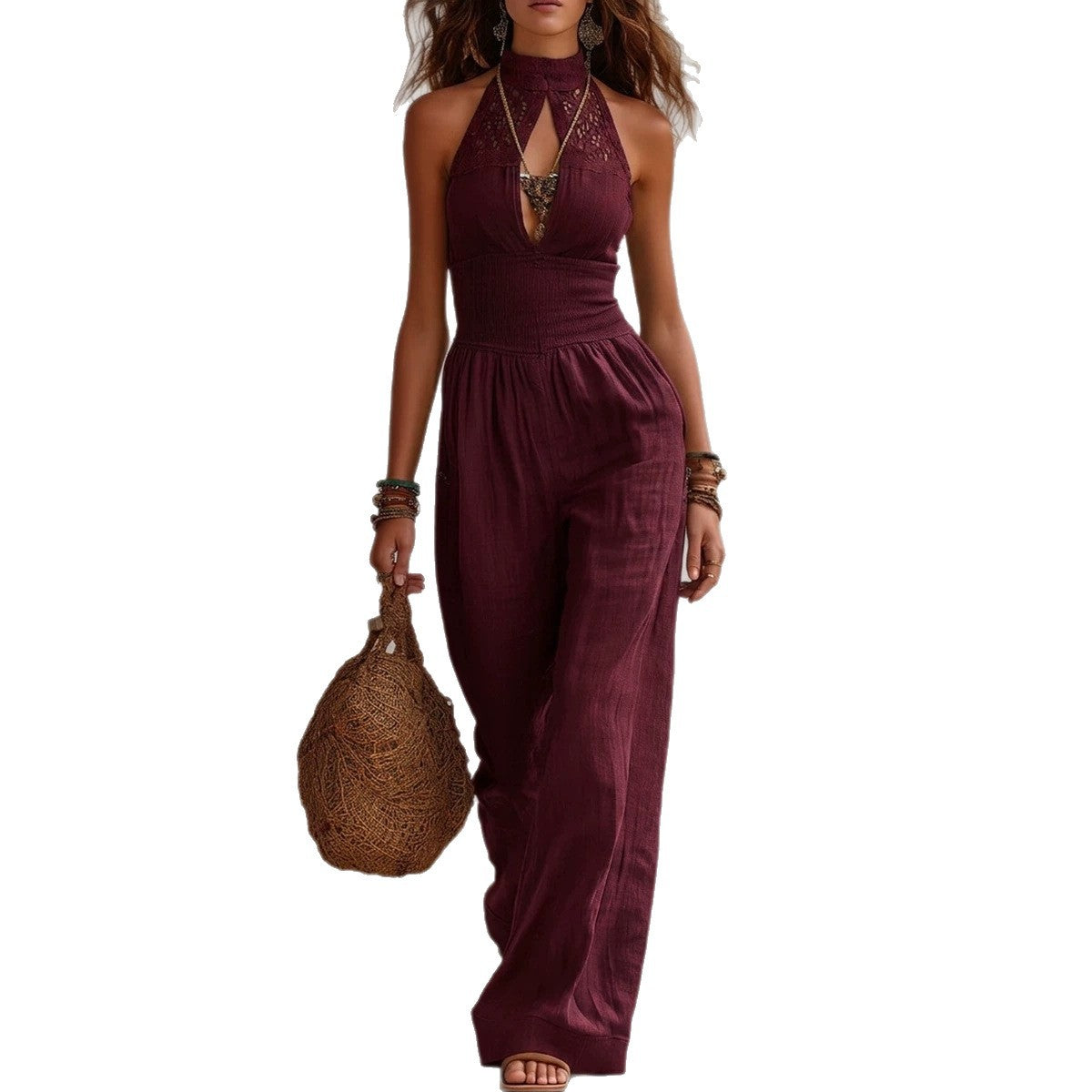 Combinaison sans manches à col halter, jambes larges, taille haute, bordeaux.