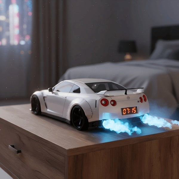 Réveil voiture supercar blanche: écran 01:15, fumée bleue au niveau avant
