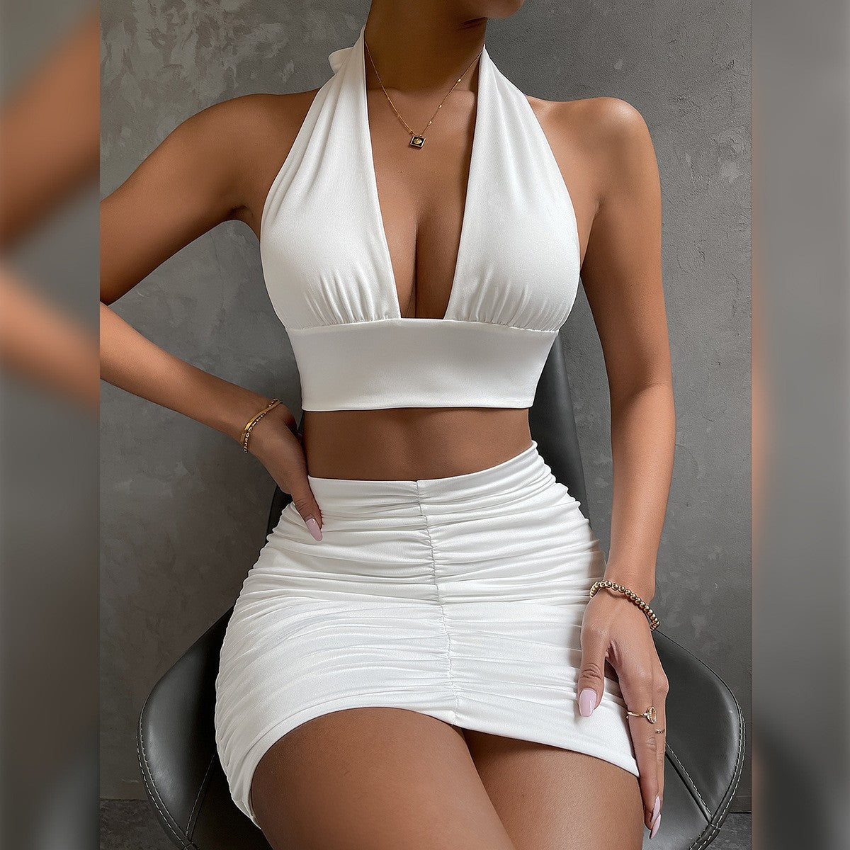 Ensemble 2 Pièces Femme - Top Halter Lacets et Jupe Plissee