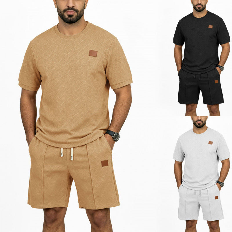 Ensemble t-shirt jacquard et short homme kaki, col rond et poches