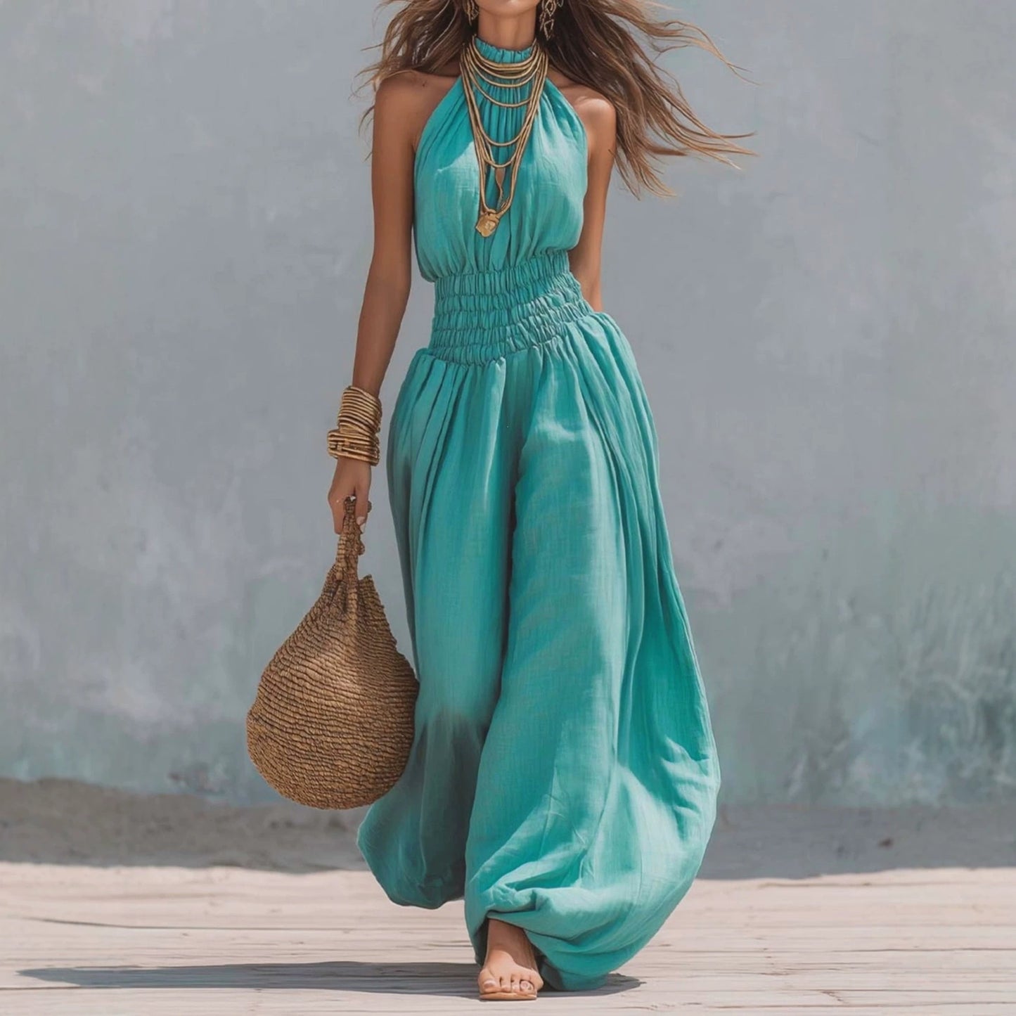 Combinaison sarouel sans manches turquoise à taille froncée et jambes amplettes