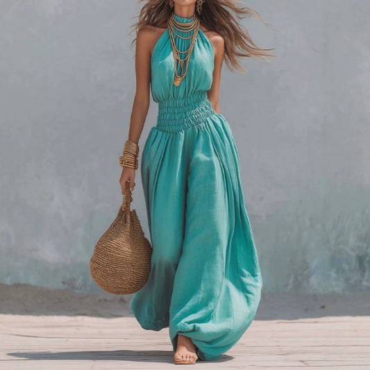 Combinaison sarouel sans manches turquoise à taille froncée et jambes amplettes