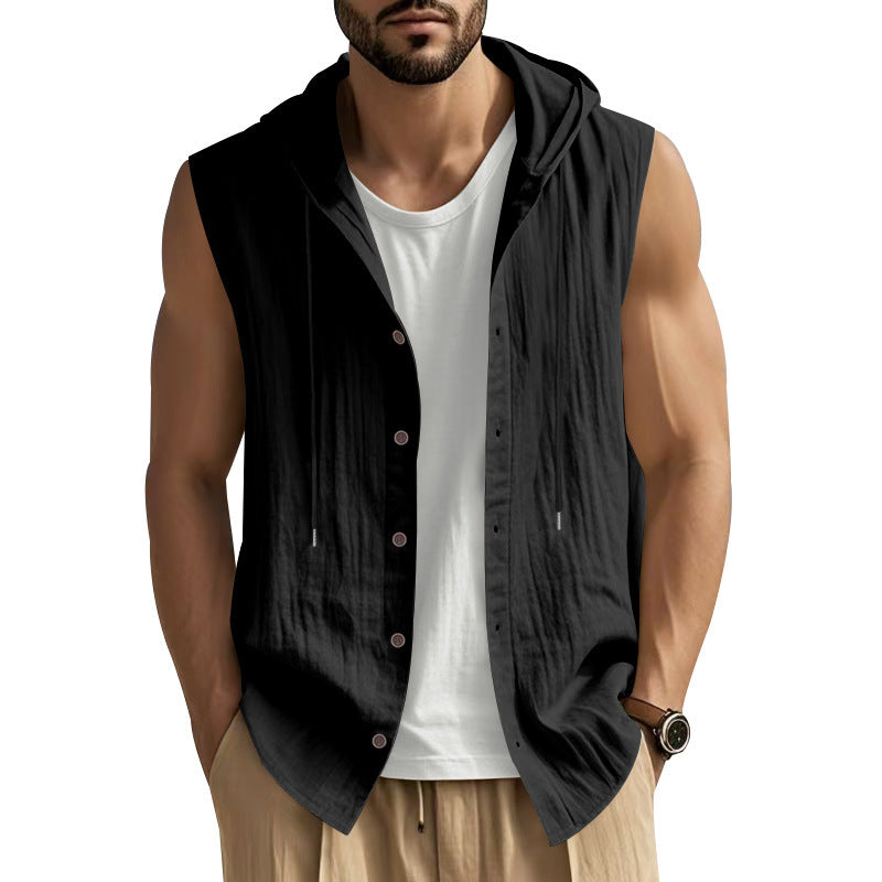 Gilet chemise sans manches à capuche noir, fermeture par boutons et cordons au col.