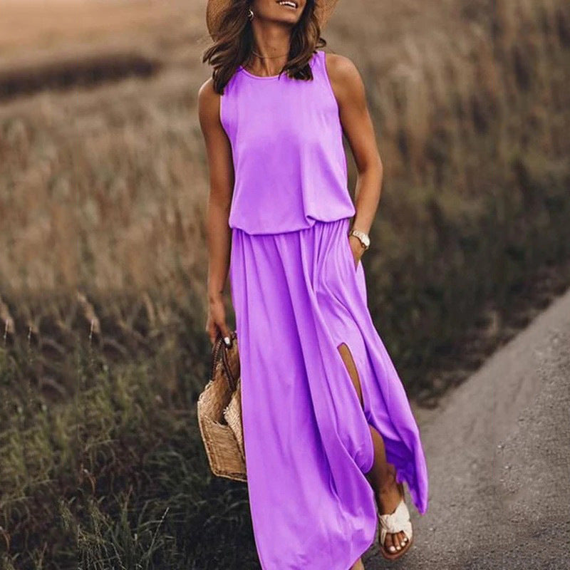 Robe longue sans manches à col rond, violet clair, fente latérale et poches