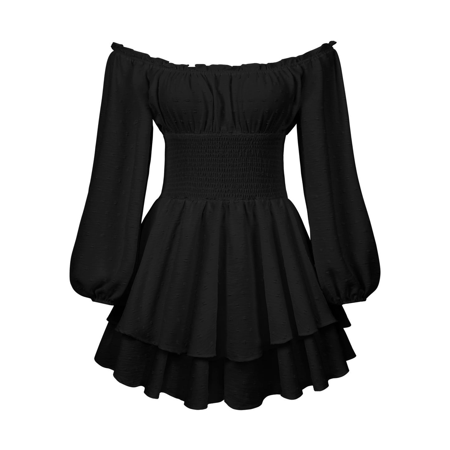Robe courte noire épaules dénudées, manches longues bouffantes, jupe à volants évasée.