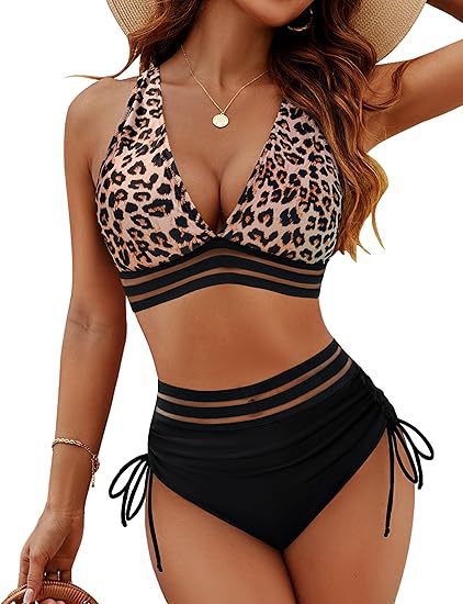 Maillot de bain deux pièces taille haute léopard, bas à laçets et bandes rayées
