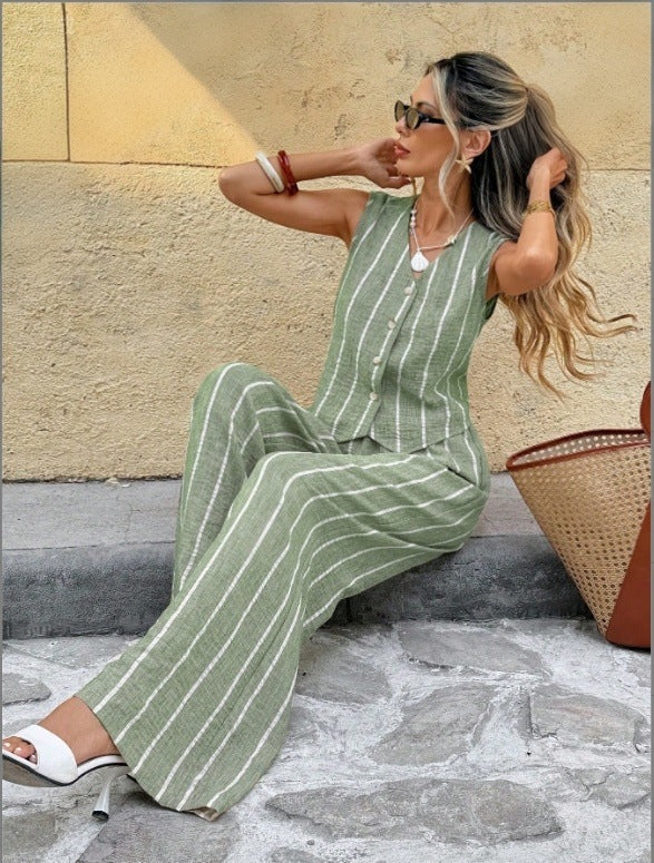 Ensemble 2 pièces femme : top sans manches et pantalon large à rayures vert sauge et blanc