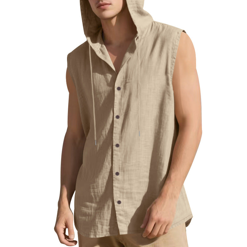 Gilet chemise en lin sans manches à capuche, fermeture boutonnée, beige clair