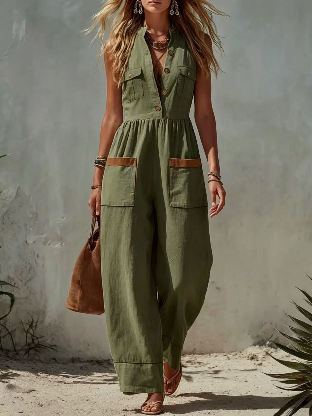 Combinaison sans manches vert armée, col V, jambe ample, poches plaquées boutonnées.