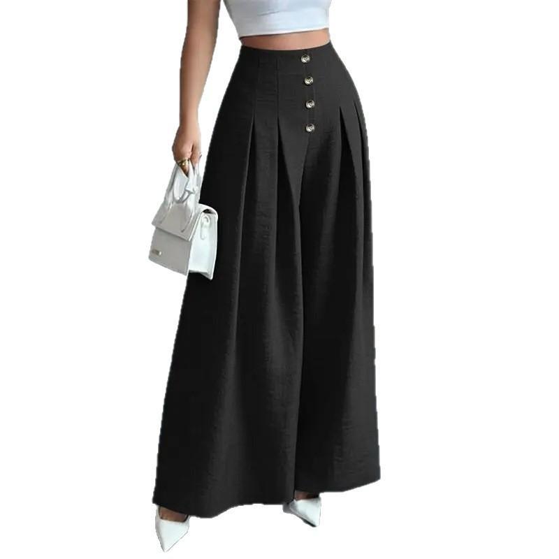 Pantalon femme taille haute ample noir à boutons, plis devant façon éventail