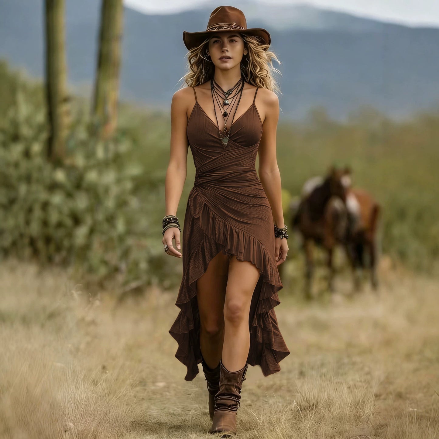Robe midi marron asymétrique à volants, buste drapé et bretelles fines