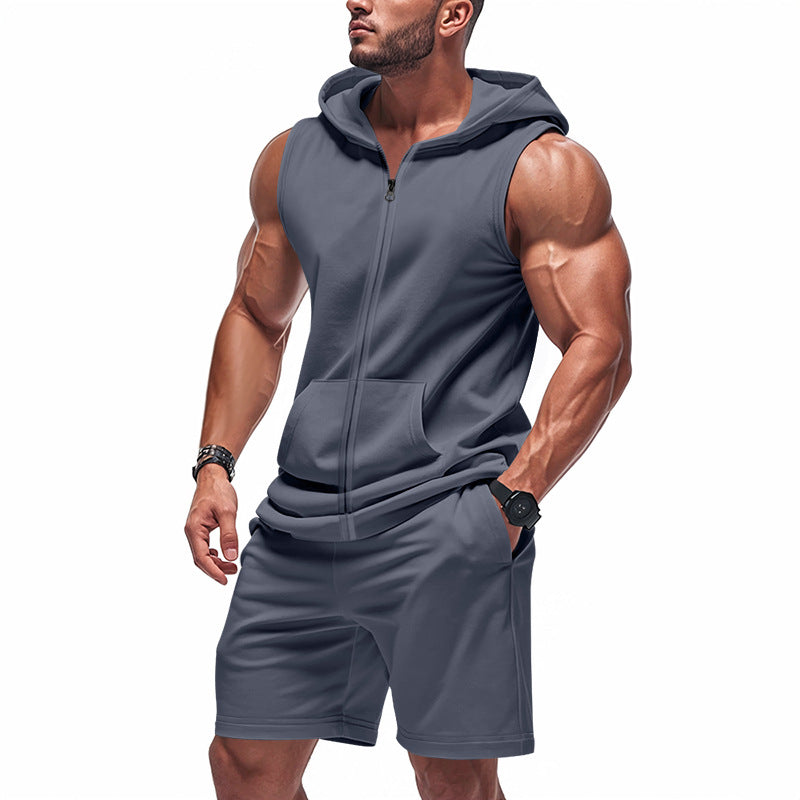 Ensemble débardeur à capuche zippé bleu foncé et short assorti, homme