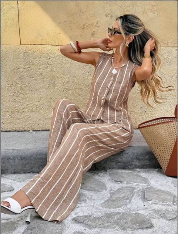 Ensemble 2 pièces femme : top sans manches et pantalon large à rayures taupe et blanc