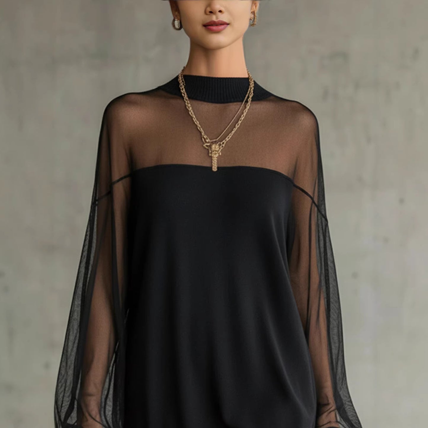 Robe noire empiècement mesh transparent, col rond côtelé, manches longues