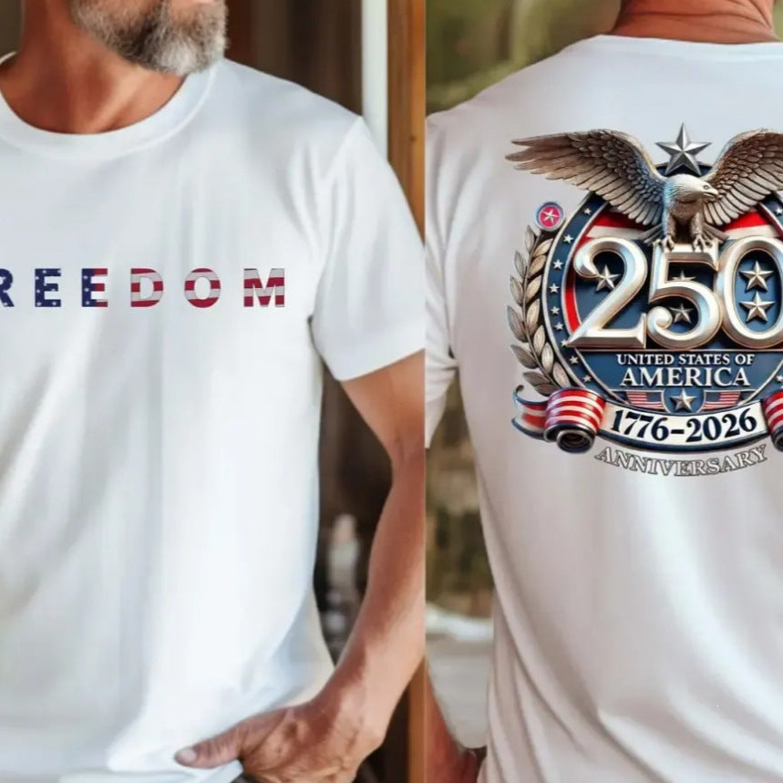 T-shirt blanc homme : « FREEDOM » devant et image d’aigle « 250 » au dos