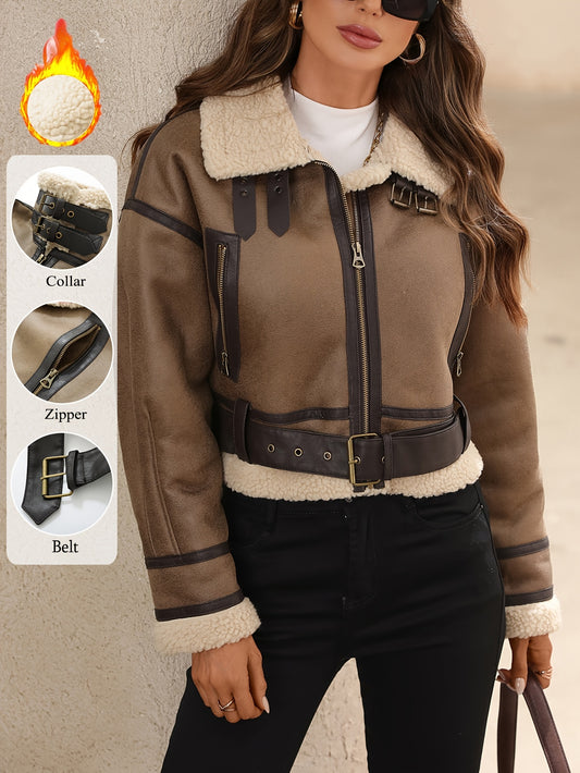 Manteau Court Femme Simili Cuir Vintage avec Ceinture - Style Automne Hiver